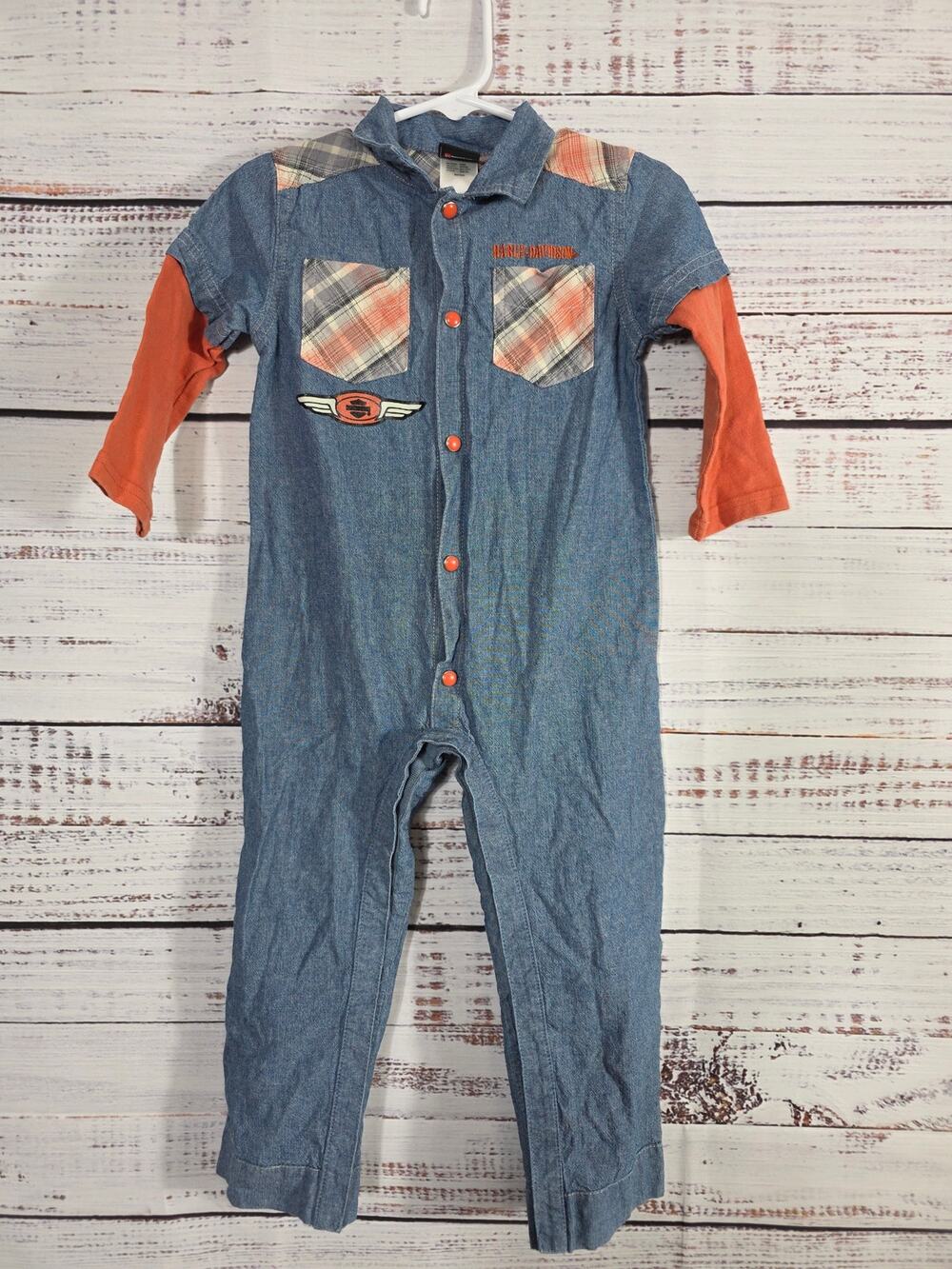 Harley Davidson Baby Boys Denim Plaid Coverall Romper 24M Long Sleeve Jumpsuit